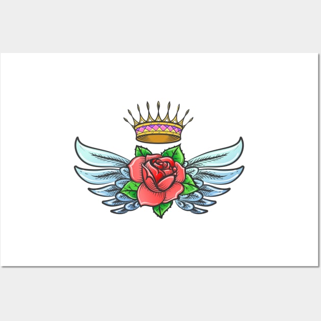 Winged Rose and Golden Crown colorful Tattoo. Wall Art by devaleta